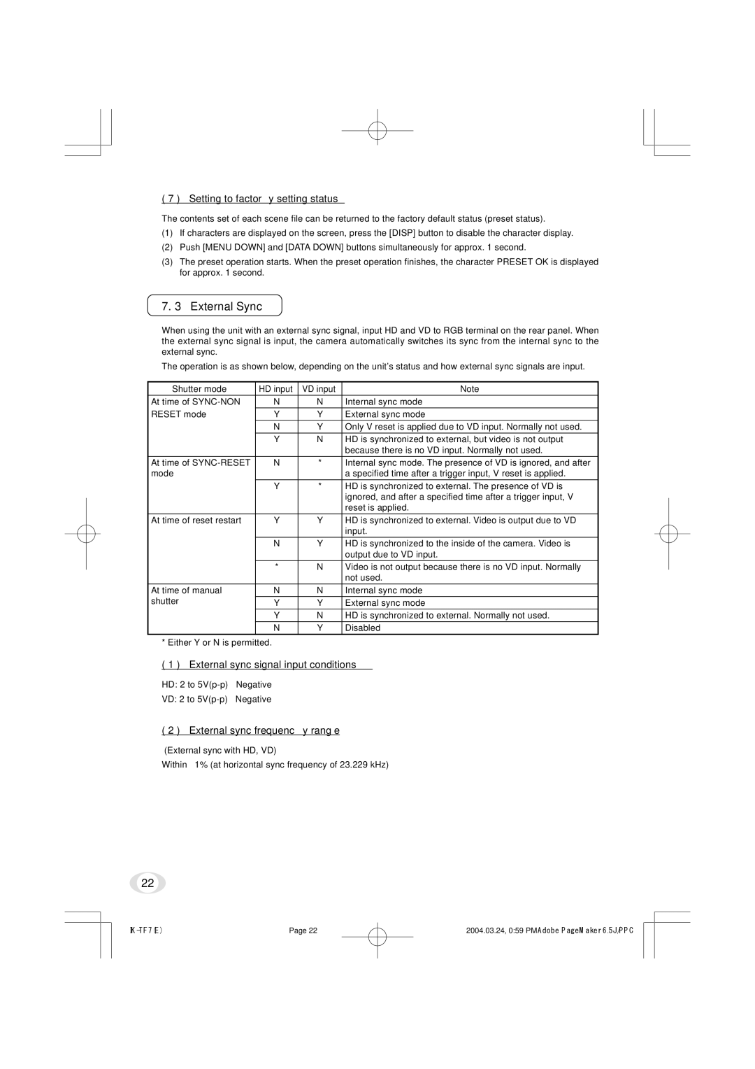 Toshiba IK-TF7 instruction manual External Sync, Setting to factory setting status, External sync signal input conditions 