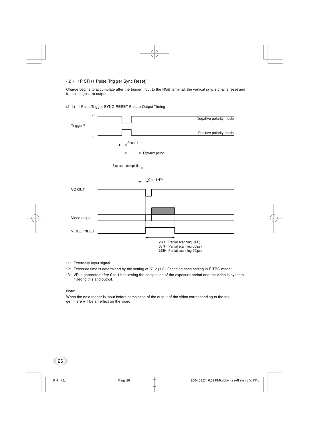 Toshiba IK-TF7 instruction manual 1P SR 1 Pulse Trigger Sync Reset, Pulse Trigger SYNC-RESET Picture Output Timing, Vd Out 