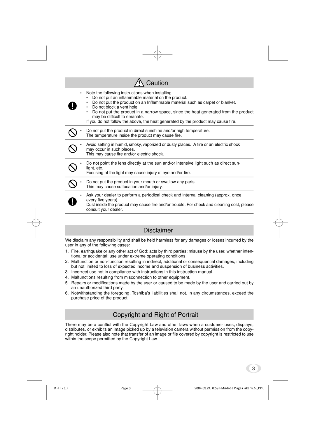 Toshiba IK-TF7 instruction manual Disclaimer 