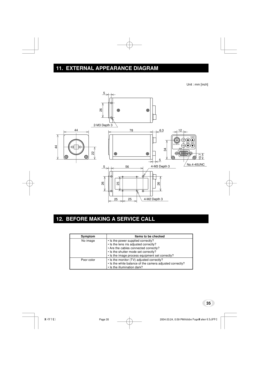 Toshiba IK-TF7 instruction manual External Appearance Diagram, Before Making a Service Call, Symptom Items to be checked 