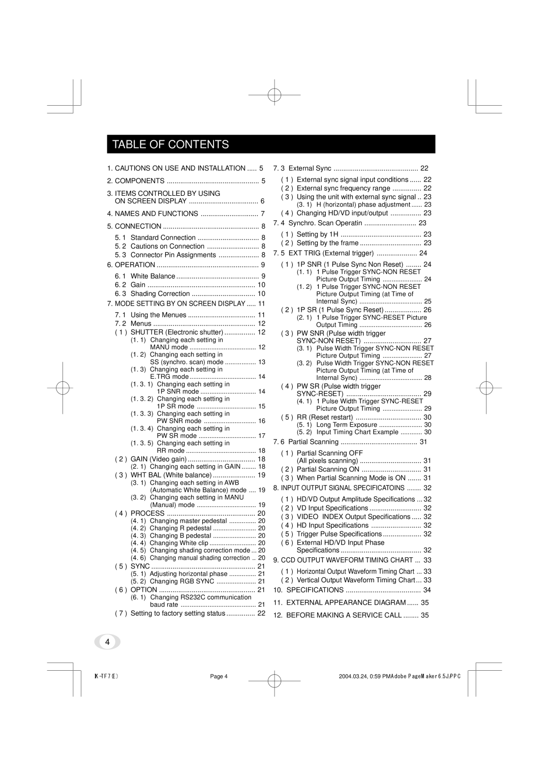 Toshiba IK-TF7 instruction manual Table of Contents 