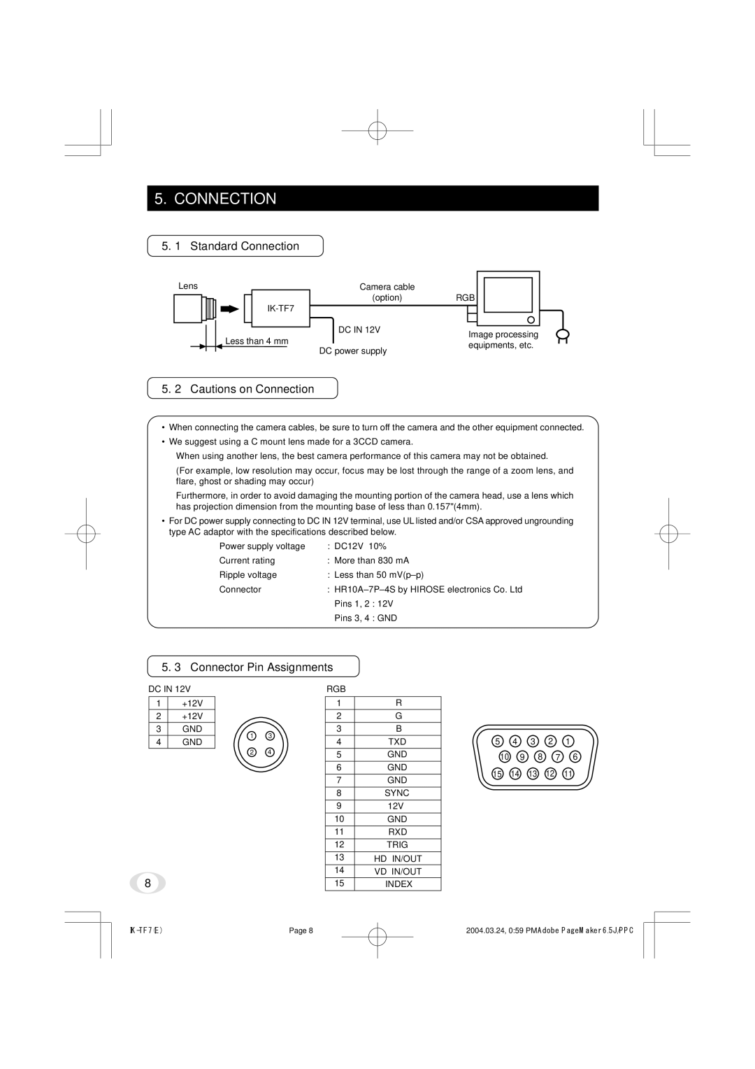 Toshiba IK-TF7 instruction manual Standard Connection, Connector Pin Assignments 