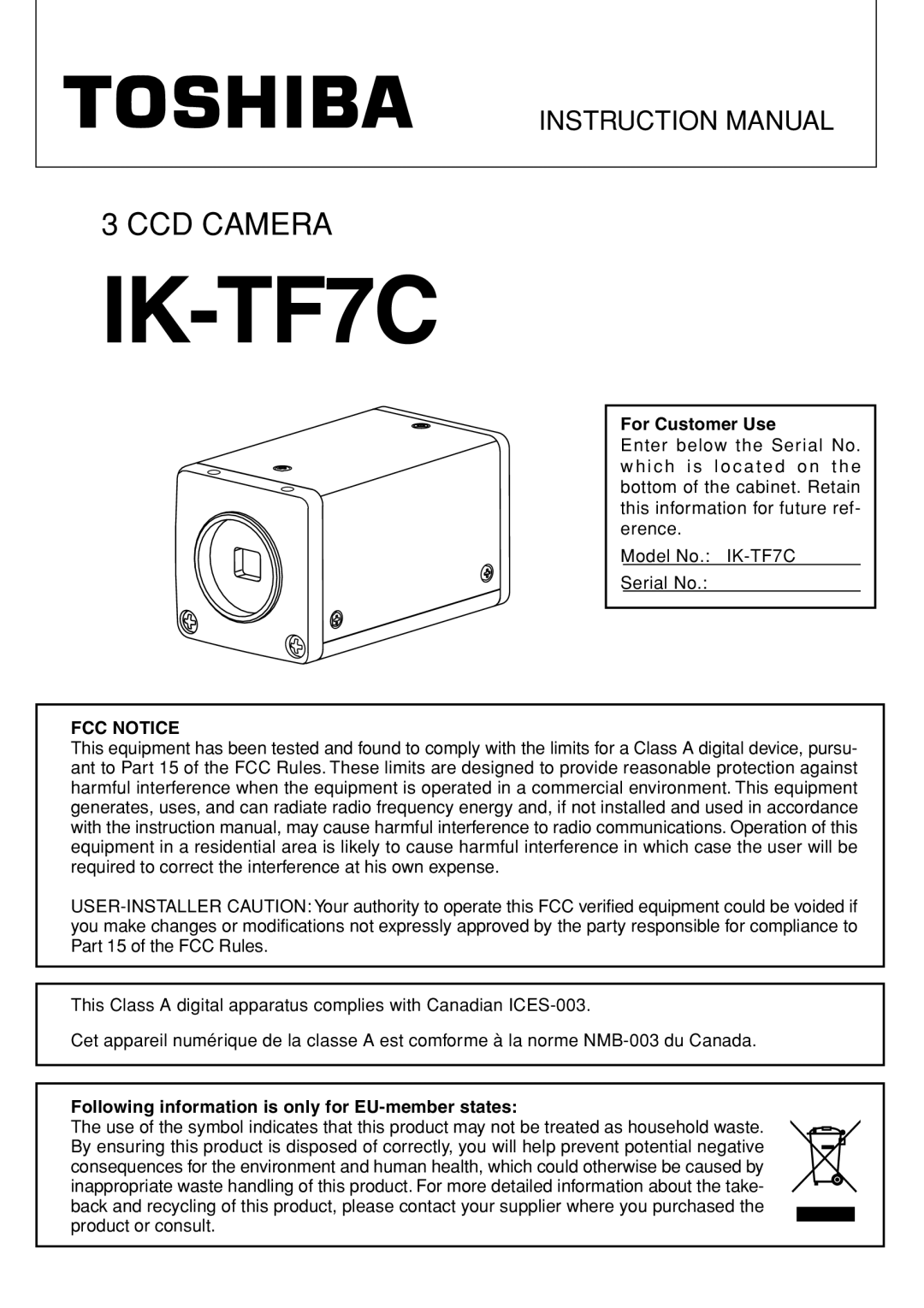 Toshiba IK-TF7C instruction manual For Customer Use, Following information is only for EU-member states 