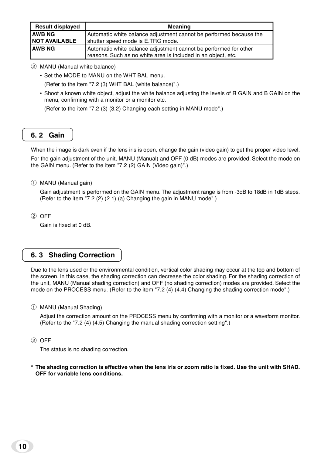 Toshiba IK-TF7C instruction manual Gain, Shading Correction, Shutter speed mode is E.TRG mode, Off 