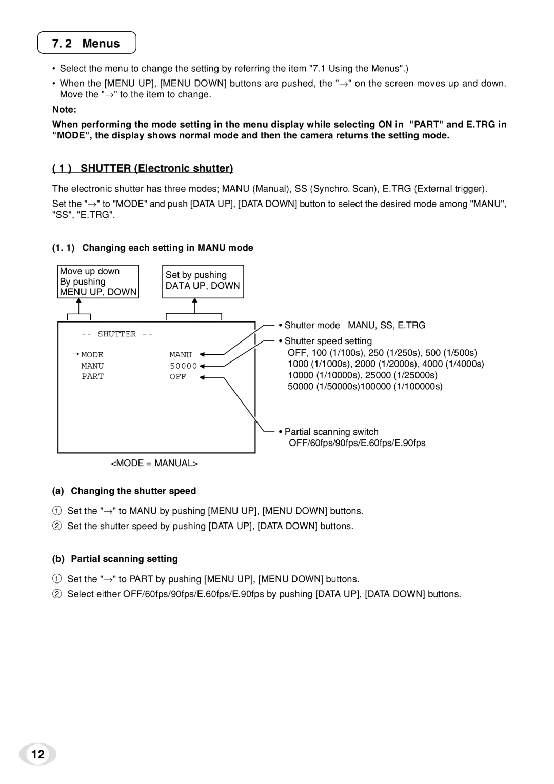 Toshiba IK-TF7C Menus, Shutter Electronic shutter, Changing each setting in Manu mode, Changing the shutter speed 