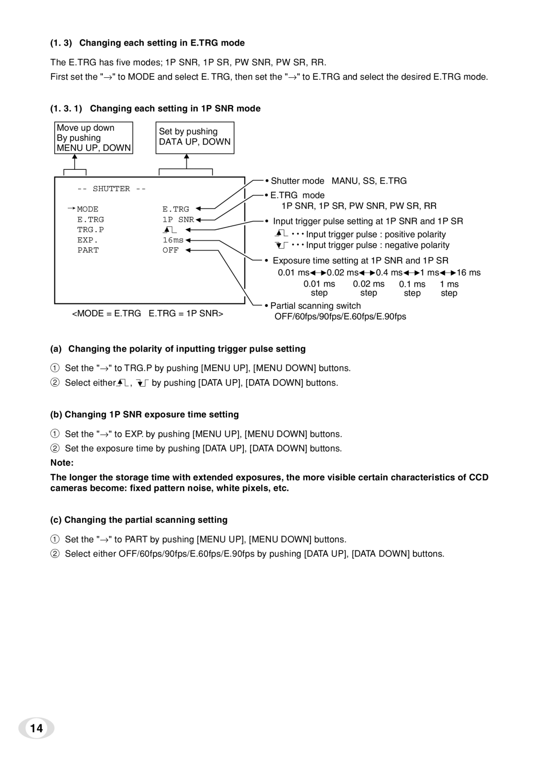 Toshiba IK-TF7C instruction manual Changing each setting in E.TRG mode, Changing each setting in 1P SNR mode 