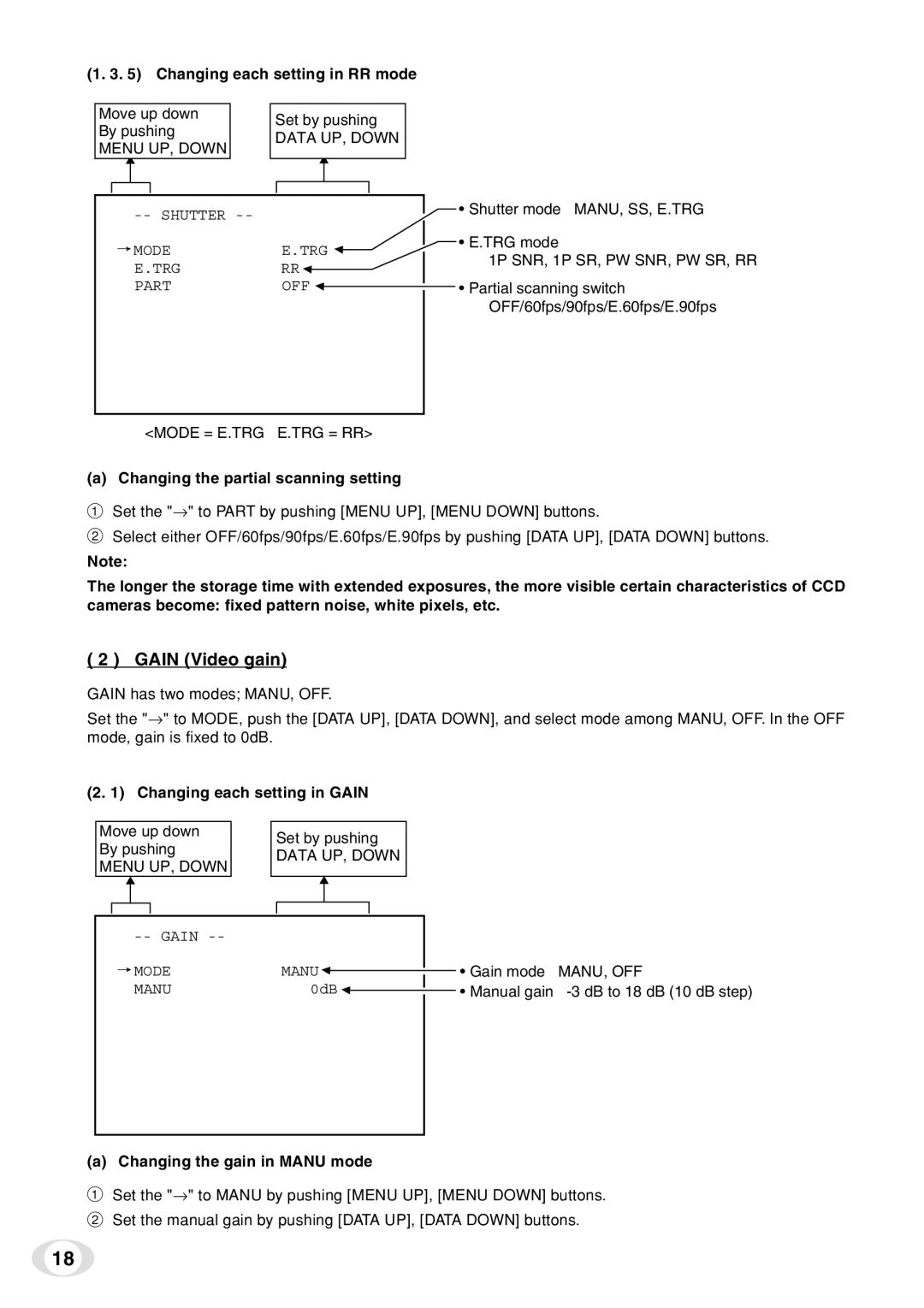 Toshiba IK-TF7C Gain Video gain, Changing each setting in RR mode, Mode = E.TRG E.TRG = RR, Changing each setting in Gain 