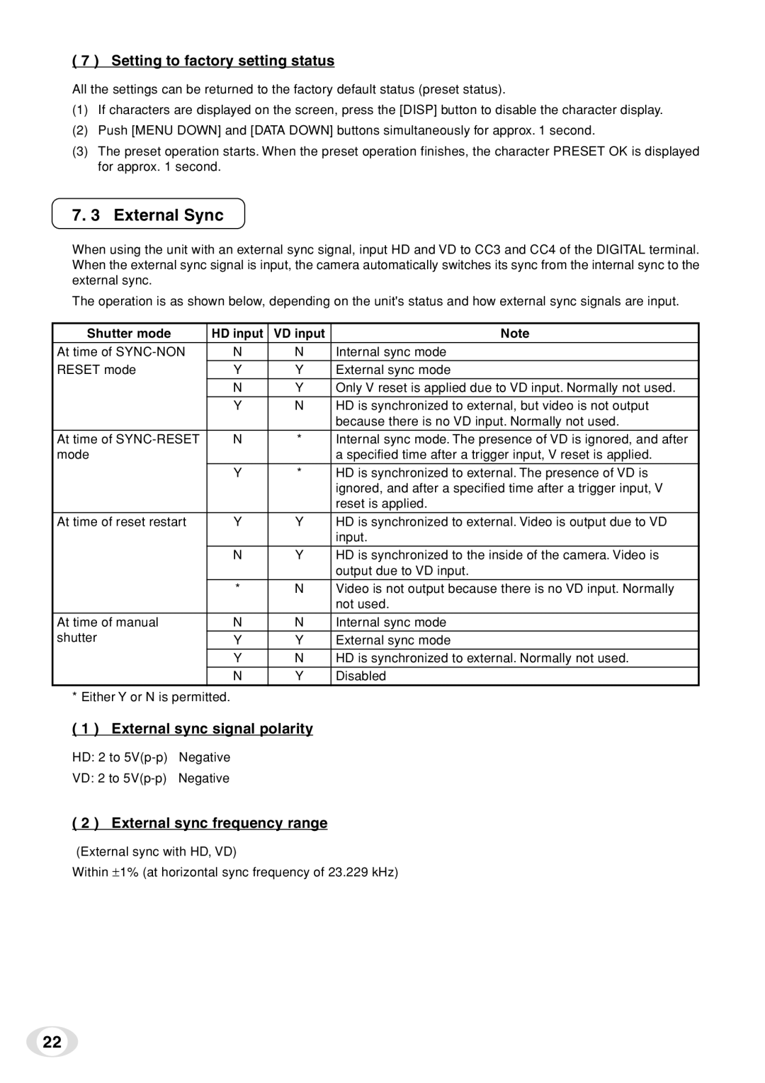 Toshiba IK-TF7C instruction manual External Sync, Setting to factory setting status, External sync signal polarity 