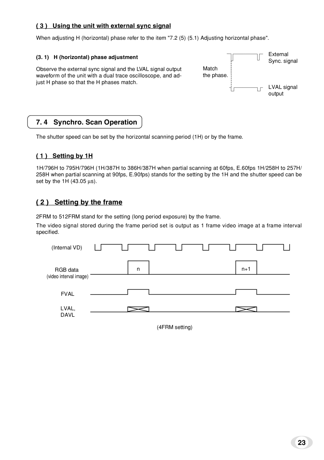Toshiba IK-TF7C Synchro. Scan Operation, Setting by the frame, Using the unit with external sync signal, Setting by 1H 