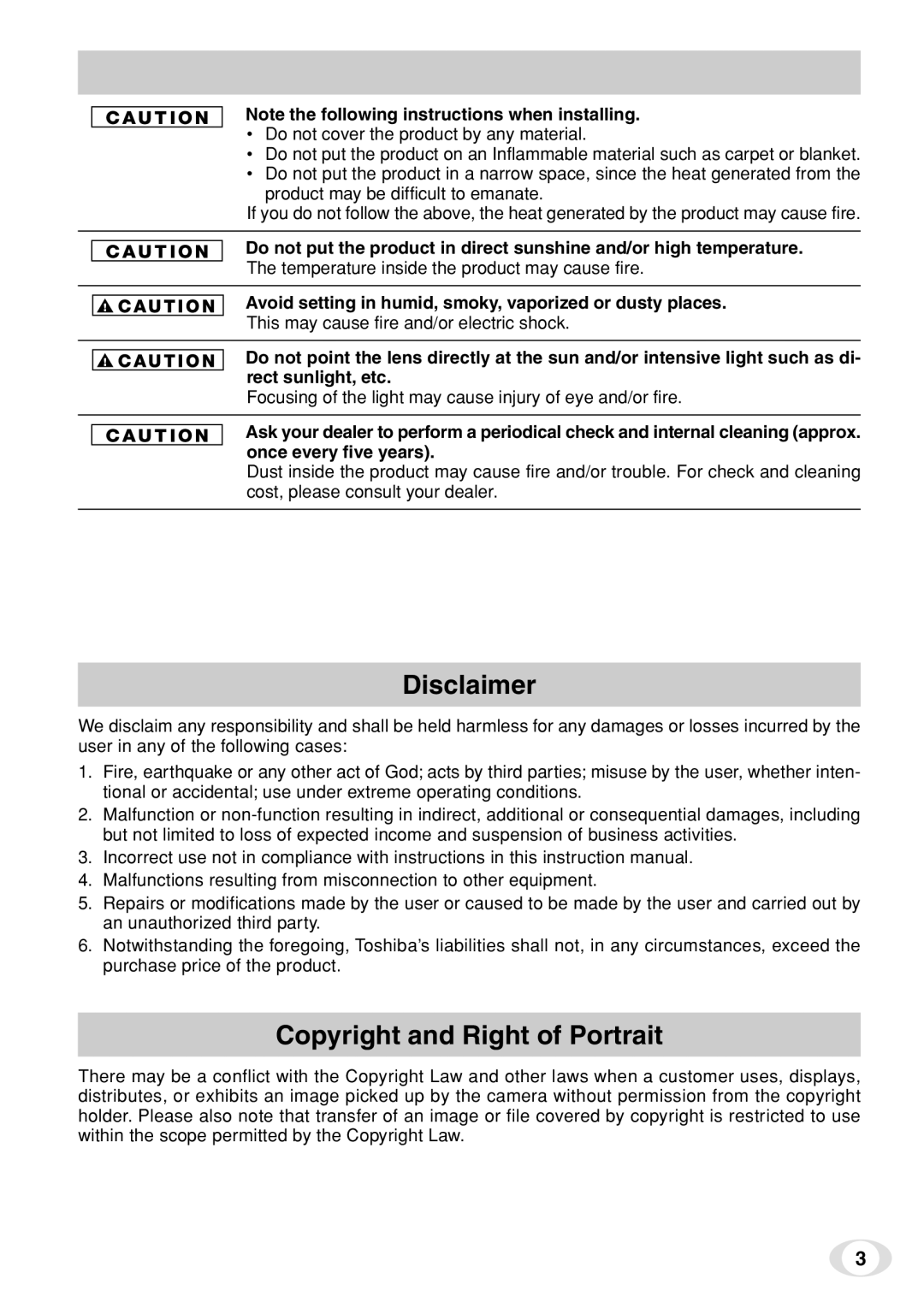 Toshiba IK-TF7C instruction manual Disclaimer, Avoid setting in humid, smoky, vaporized or dusty places 