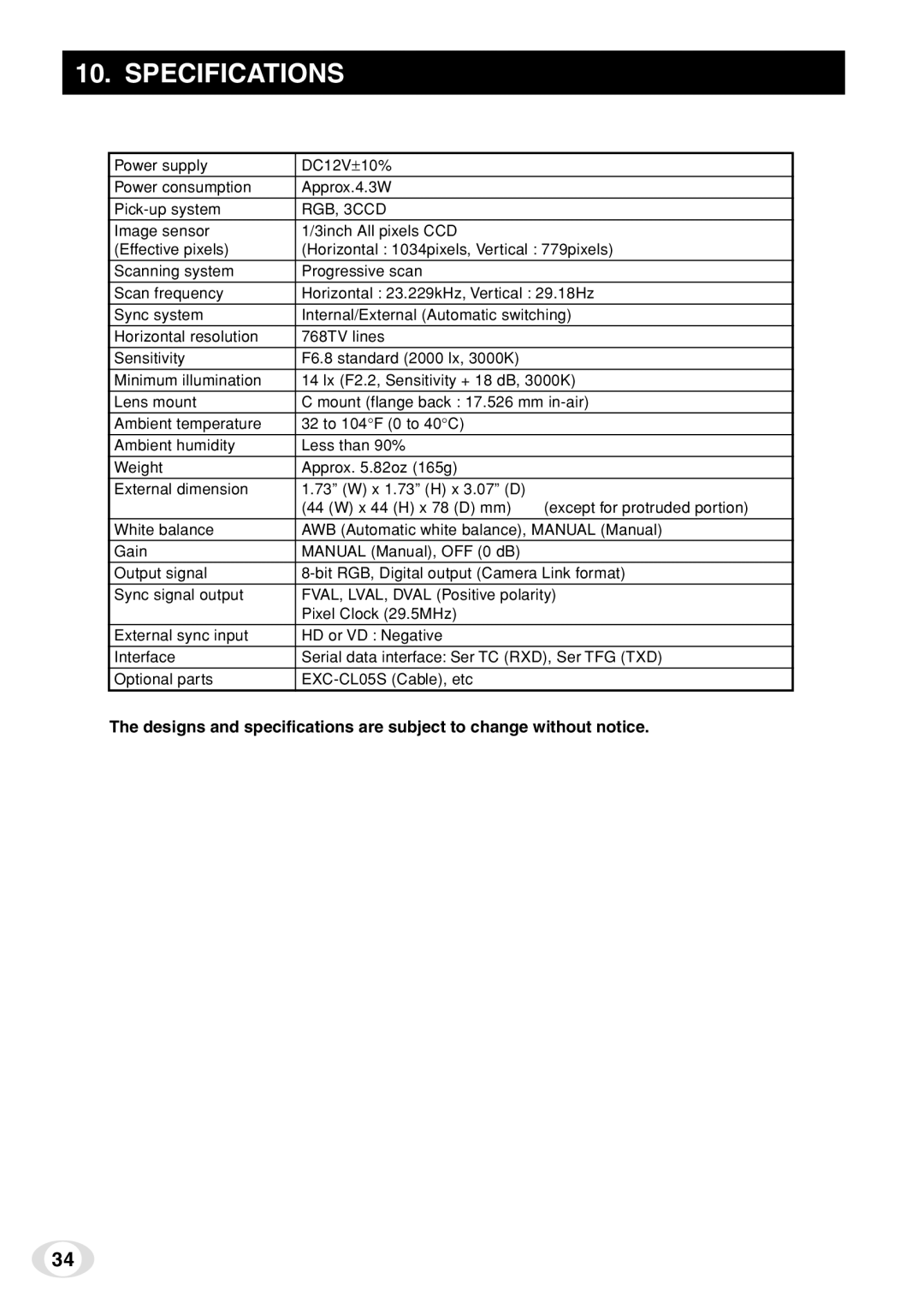 Toshiba IK-TF7C instruction manual Specifications, RGB, 3CCD 