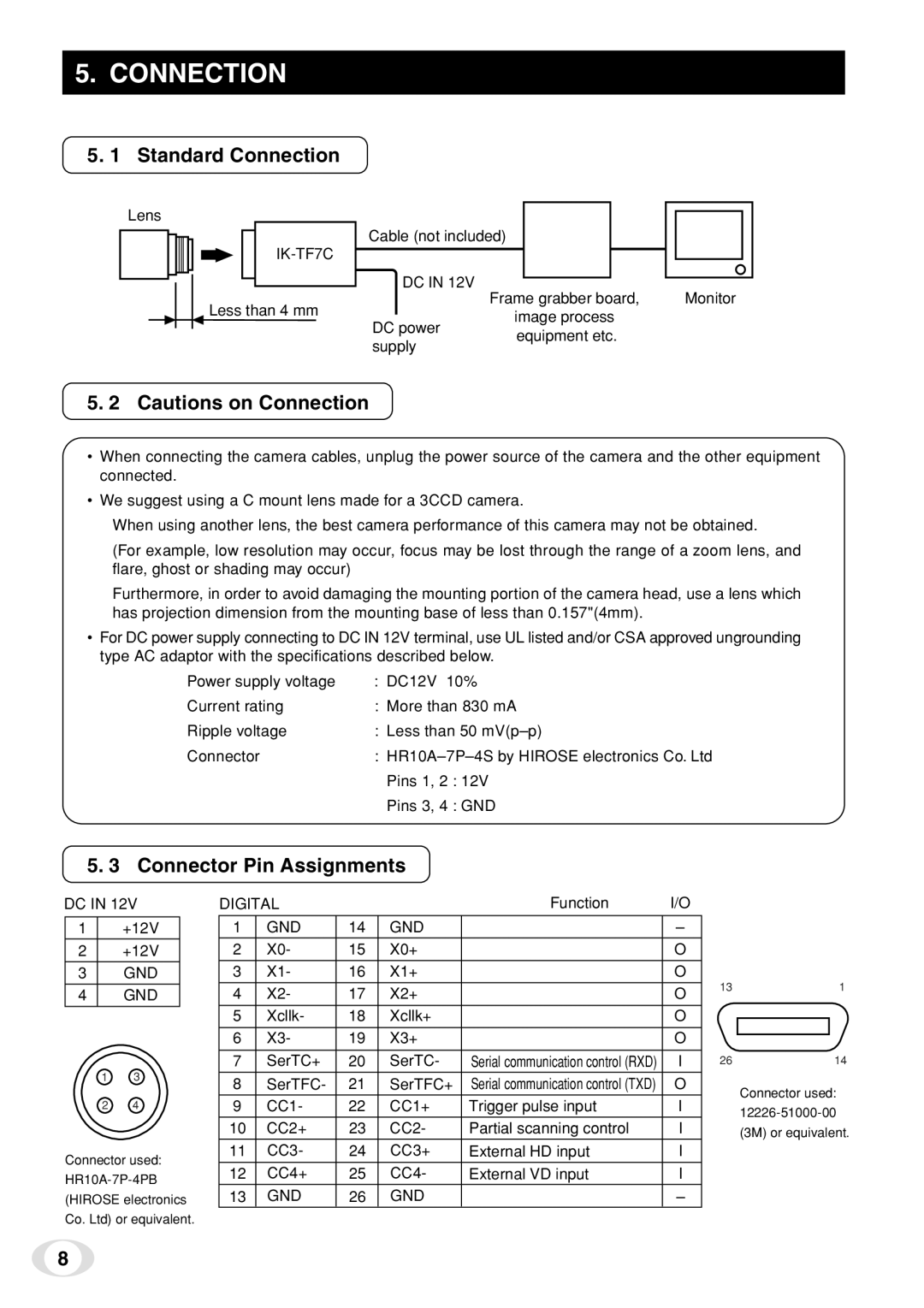 Toshiba IK-TF7C instruction manual Standard Connection, Connector Pin Assignments 