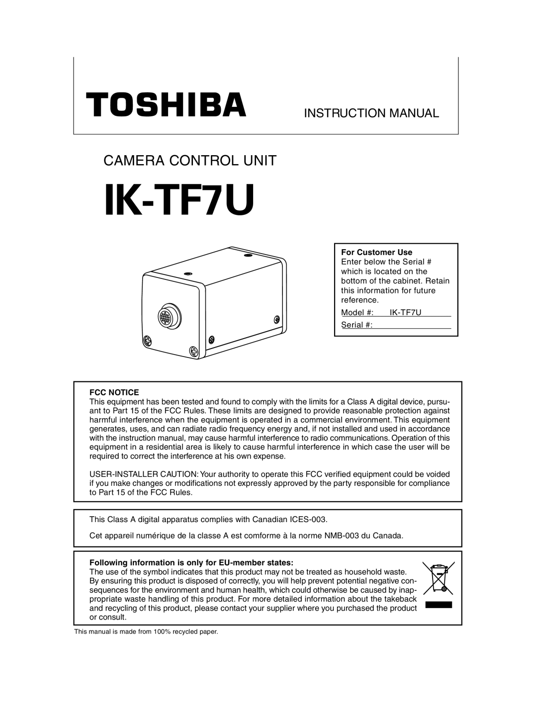 Toshiba ik-tf7u instruction manual IK-TF7U, Following information is only for EU-member states 