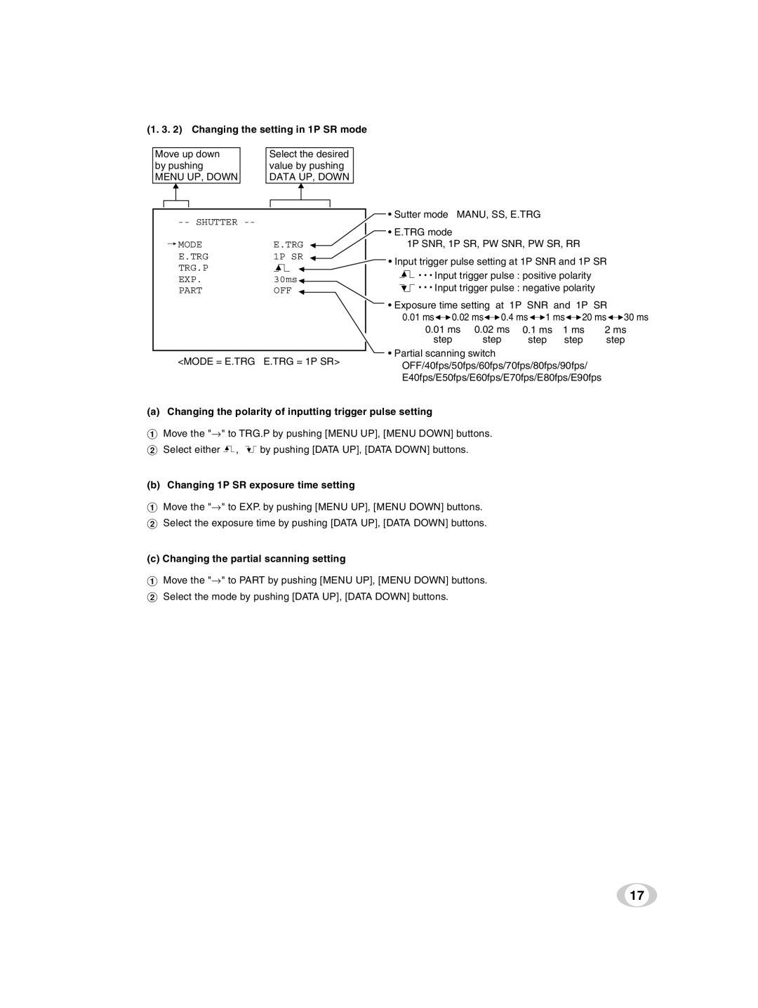 Toshiba ik-tf7u Changing the setting in 1P SR mode, Mode = E.TRG E.TRG = 1P SR, Changing 1P SR exposure time setting 