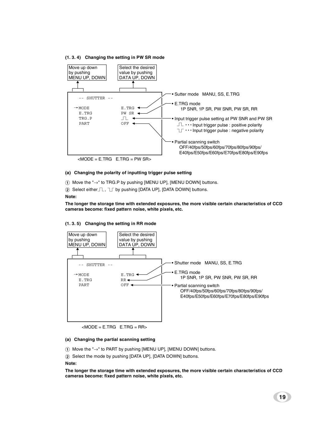 Toshiba ik-tf7u instruction manual Changing the setting in PW SR mode, Mode = E.TRG E.TRG = PW SR, Mode = E.TRG E.TRG = RR 