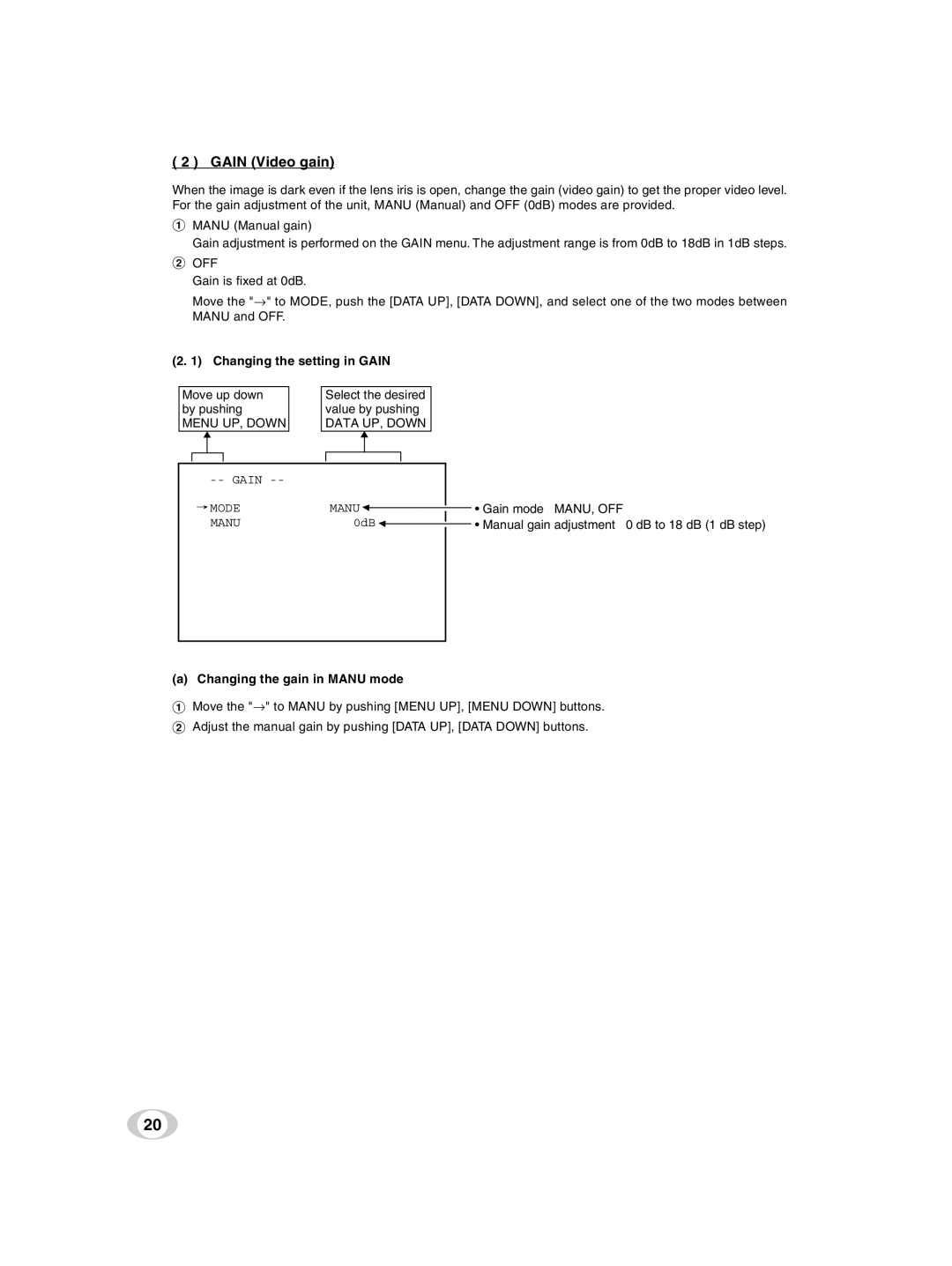 Toshiba ik-tf7u instruction manual Gain Video gain, Changing the setting in Gain, Changing the gain in Manu mode 