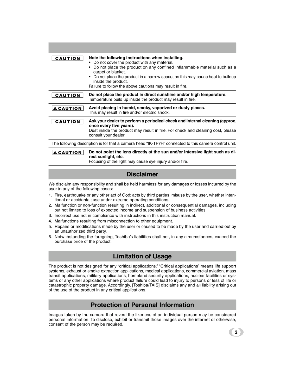 Toshiba ik-tf7u instruction manual Disclaimer, Avoid placing in humid, smoky, vaporized or dusty places 