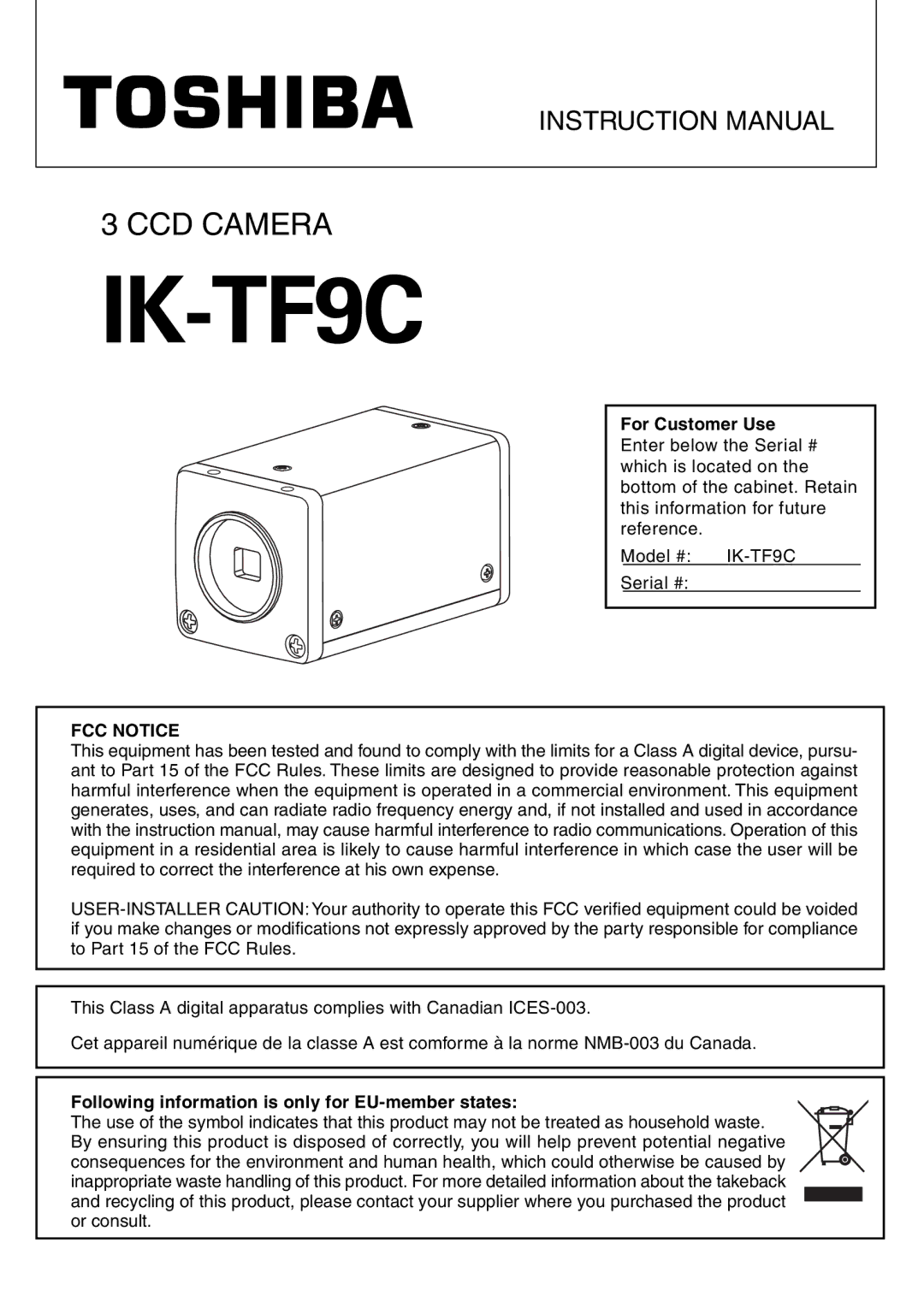 Toshiba IK-TF9C instruction manual For Customer Use, Following information is only for EU-member states 