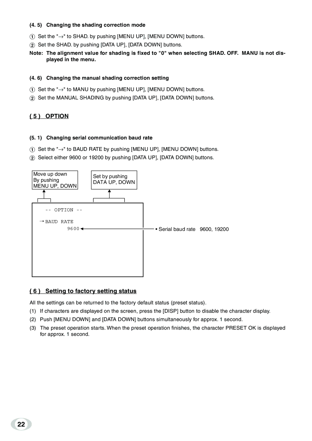 Toshiba IK-TF9C instruction manual Option, Setting to factory setting status, Changing the shading correction mode 