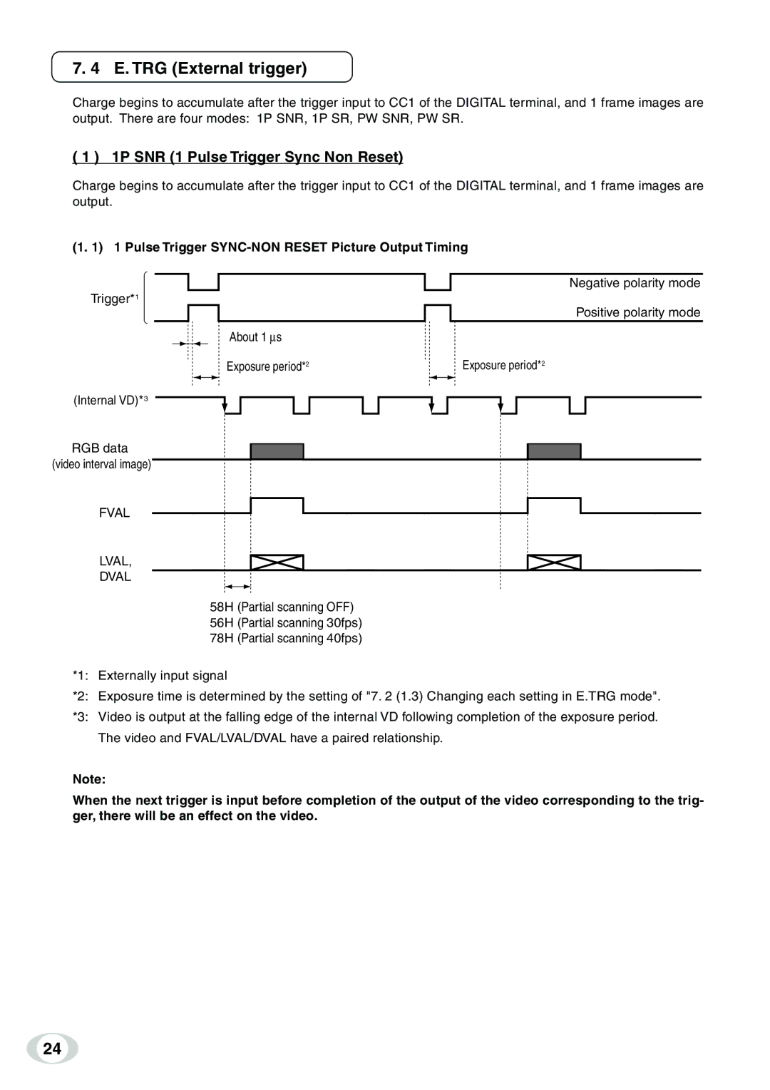 Toshiba IK-TF9C instruction manual E. TRG External trigger, 1P SNR 1 Pulse Trigger Sync Non Reset, Fval Lval Dval 