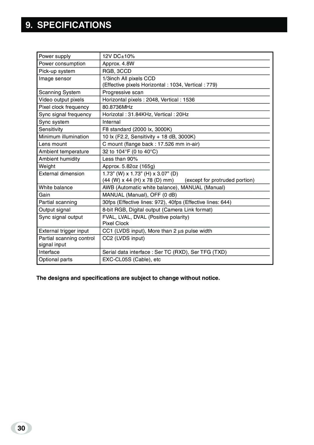 Toshiba IK-TF9C instruction manual Specifications, RGB, 3CCD 