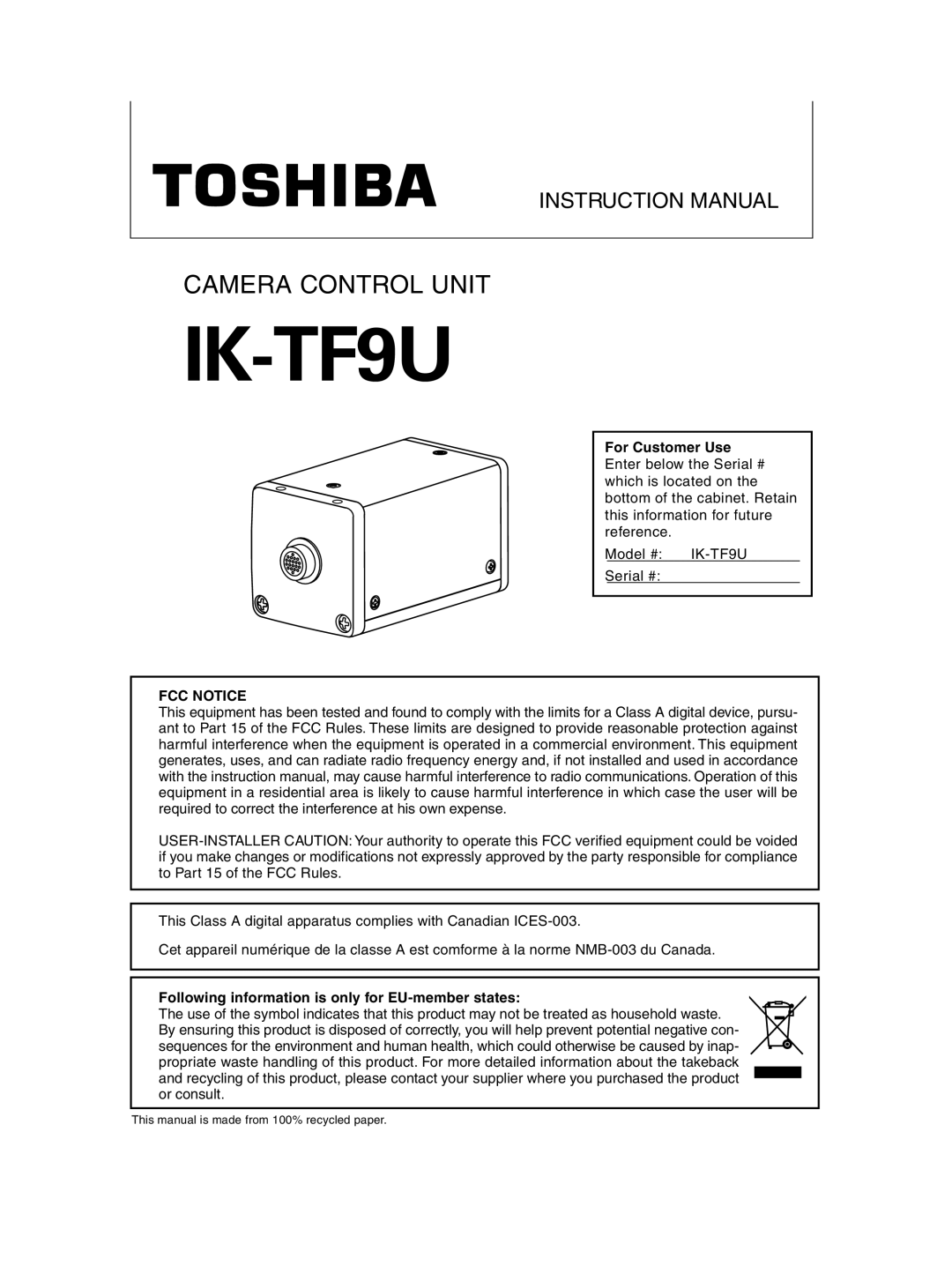 Toshiba IK-TF9U instruction manual Following information is only for EU-member states 