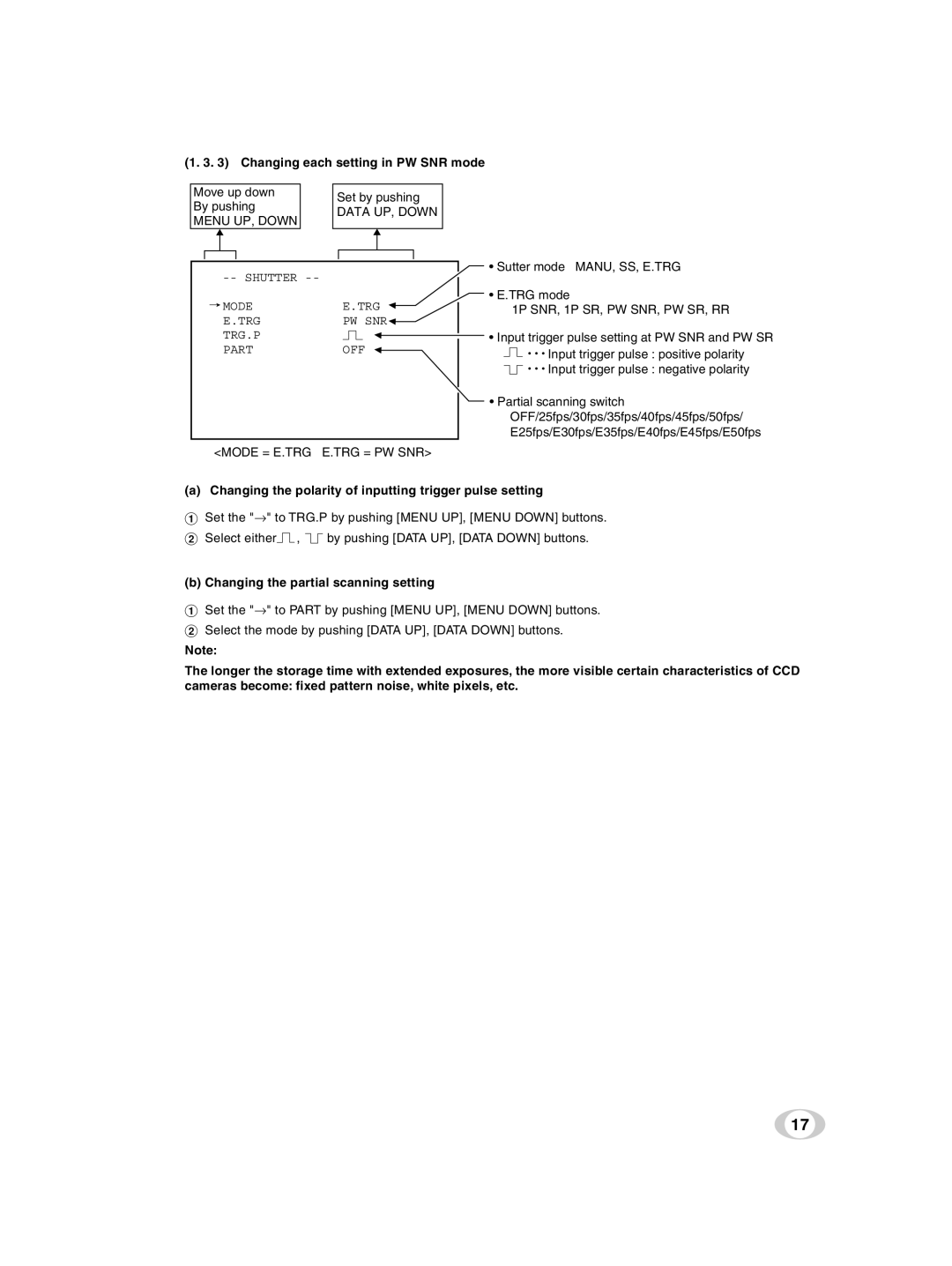 Toshiba IK-TF9U instruction manual Changing each setting in PW SNR mode, Mode = E.TRG E.TRG = PW SNR 