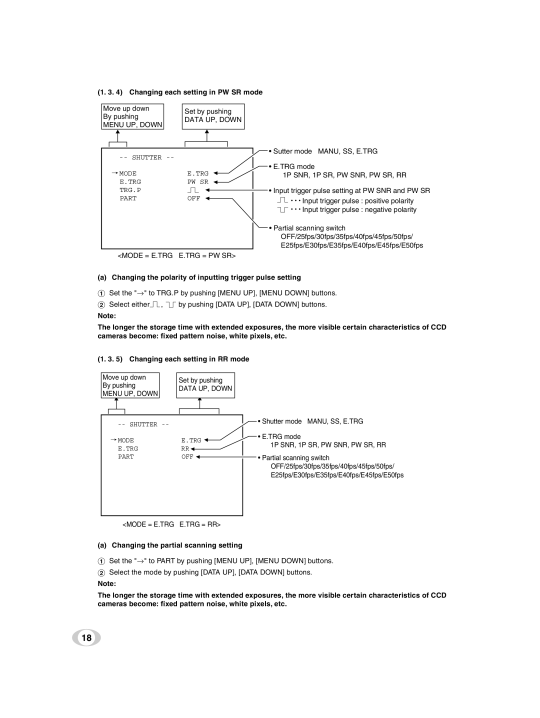 Toshiba IK-TF9U instruction manual Changing each setting in PW SR mode, Mode = E.TRG E.TRG = PW SR, Mode = E.TRG E.TRG = RR 