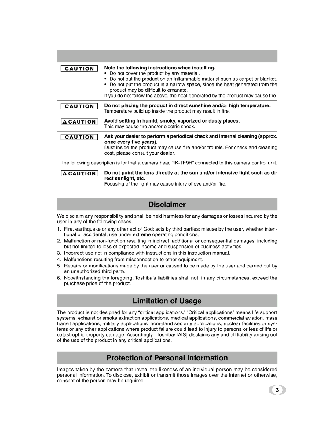 Toshiba IK-TF9U instruction manual Disclaimer 