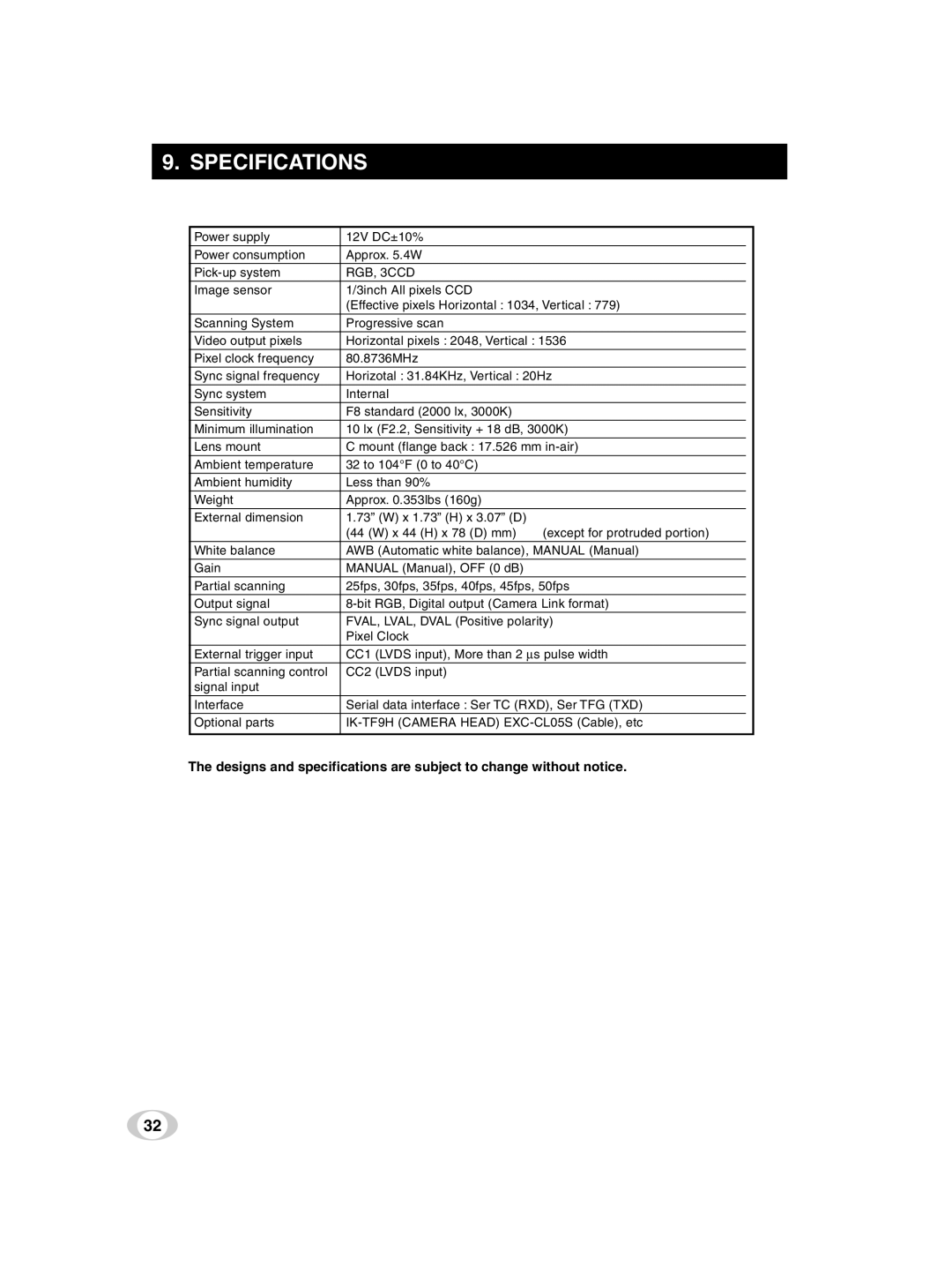 Toshiba IK-TF9U instruction manual Specifications, RGB, 3CCD 