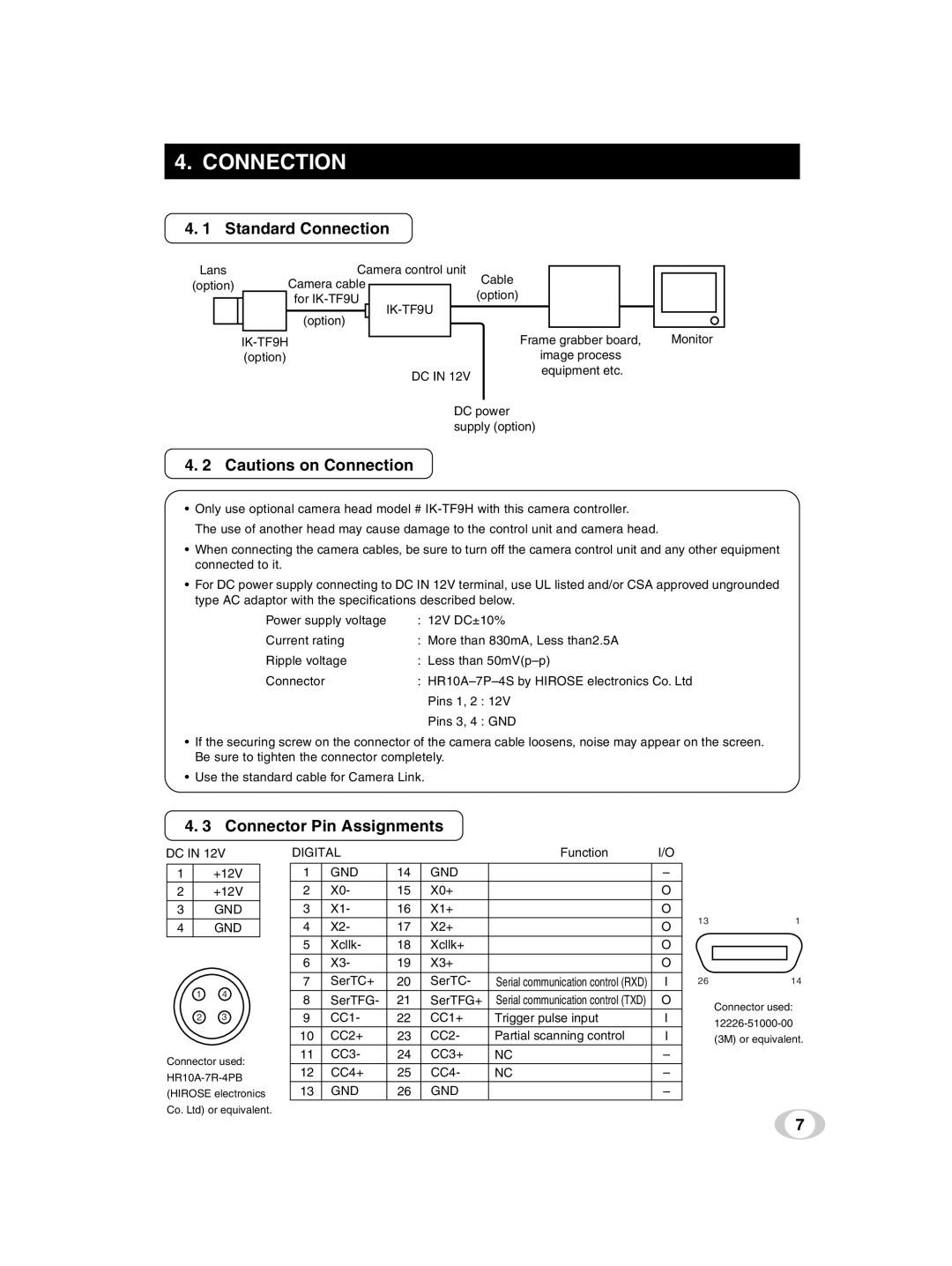 Toshiba IK-TF9U instruction manual Standard Connection, Connector Pin Assignments 