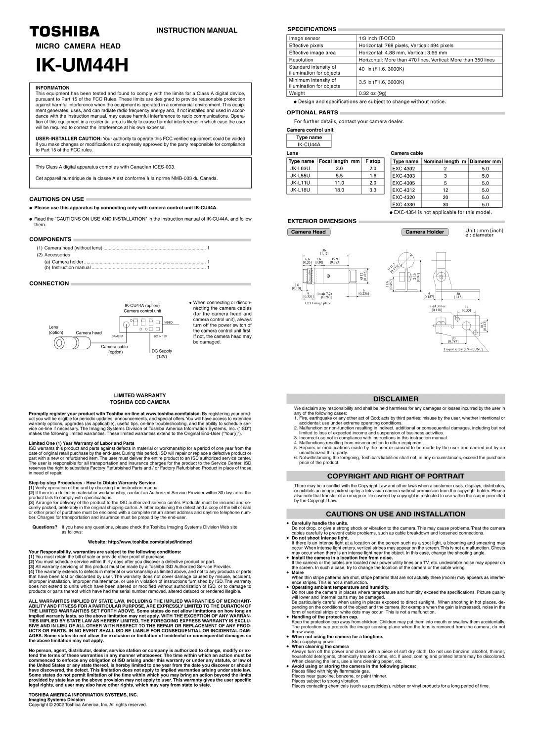 Toshiba IK-UM44H instruction manual Disclaimer, Copyright and Right of Portrait 