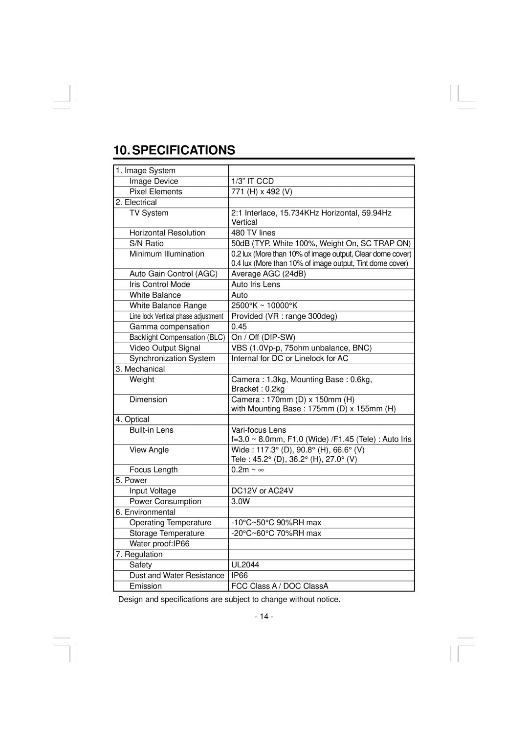 Toshiba IK-VR01A instruction manual Specifications, Minimum Illumination 