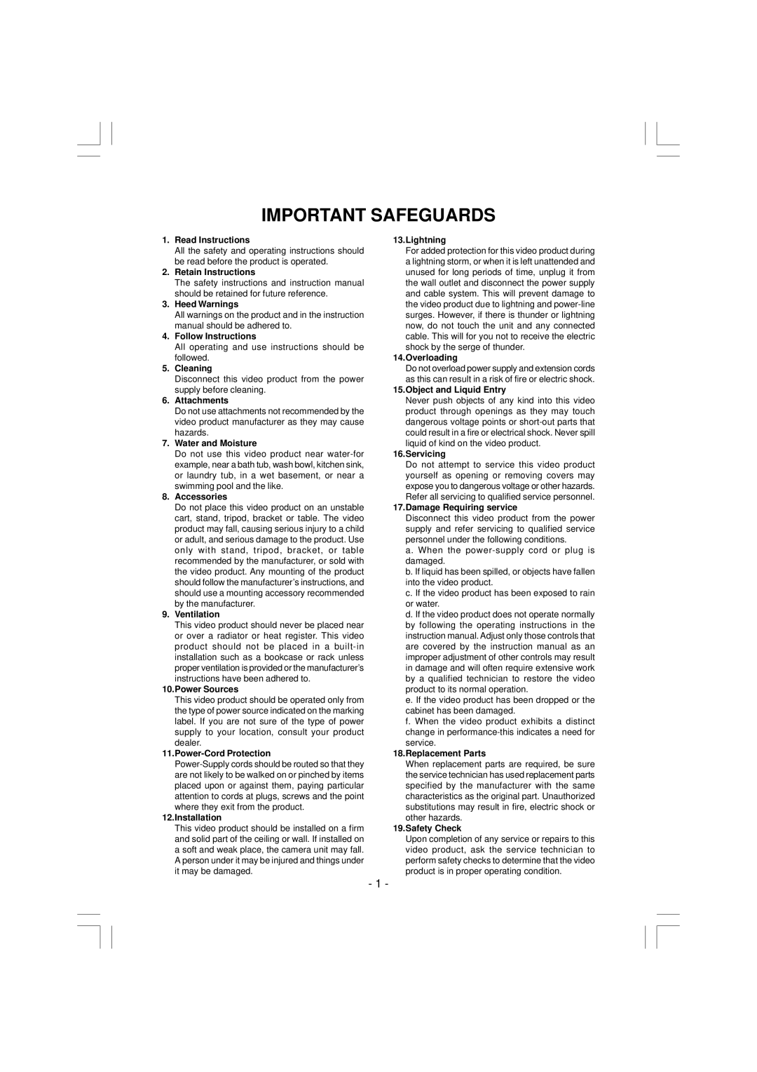 Toshiba IK-VR01A instruction manual Important Safeguards, Attachments 