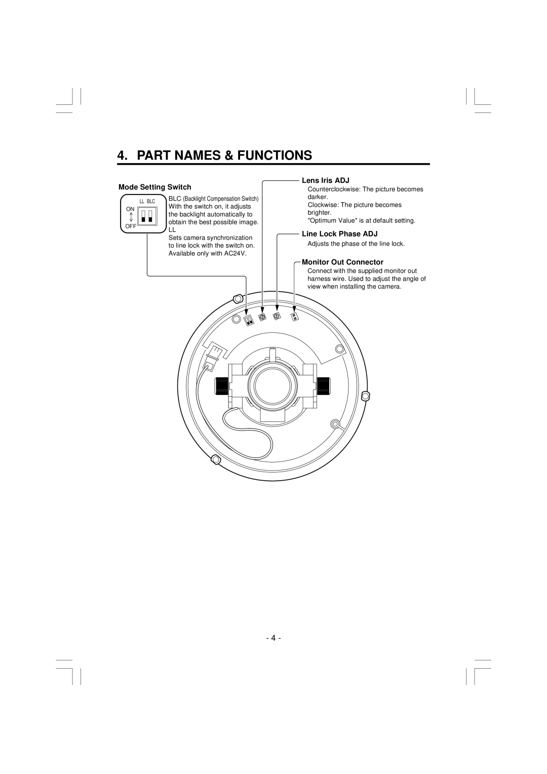 Toshiba IK-VR01A instruction manual Part Names & Functions, Mode Setting Switch Lens Iris ADJ 