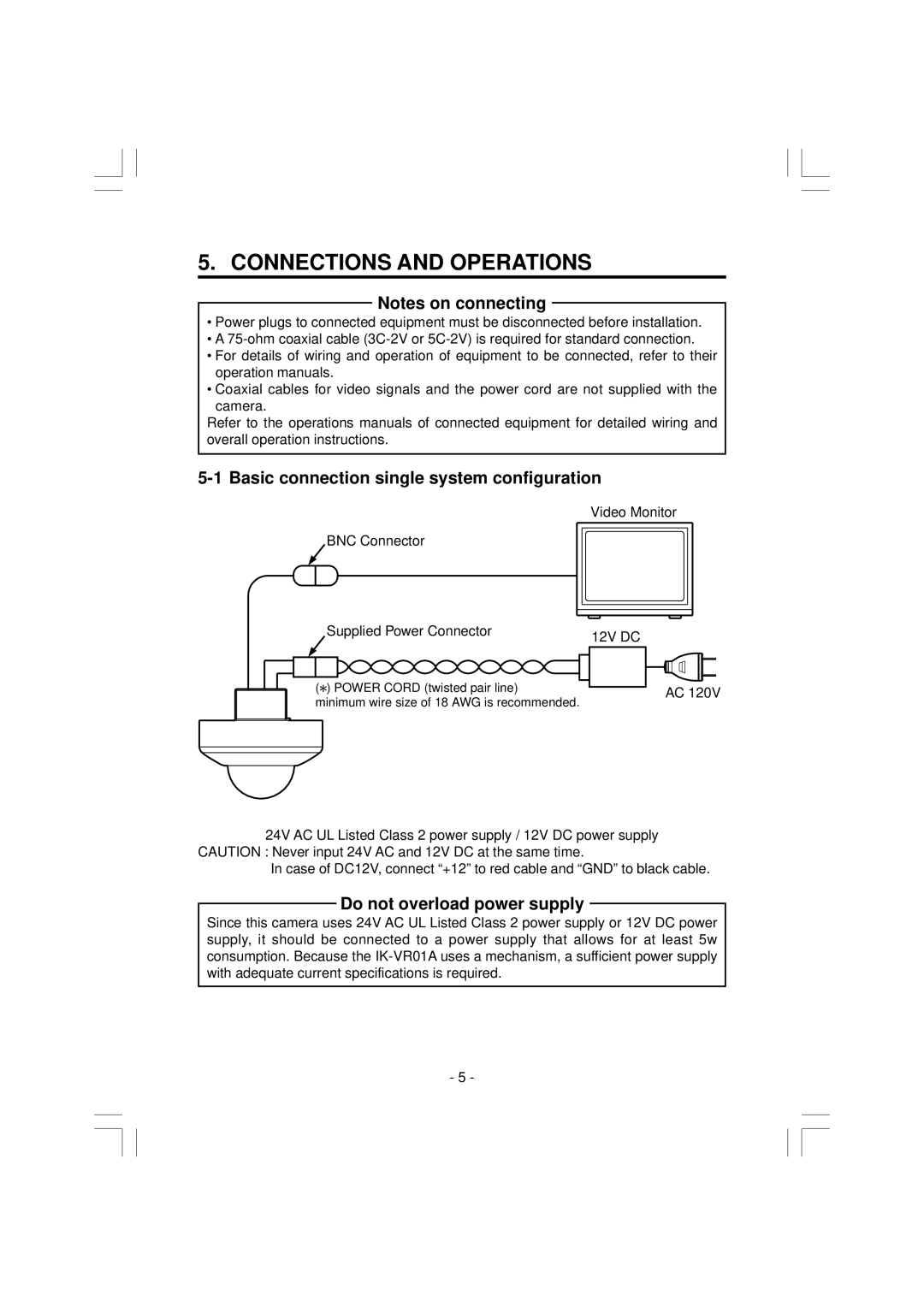 Toshiba IK-VR01A Connections and Operations, Basic connection single system configuration, Do not overload power supply 