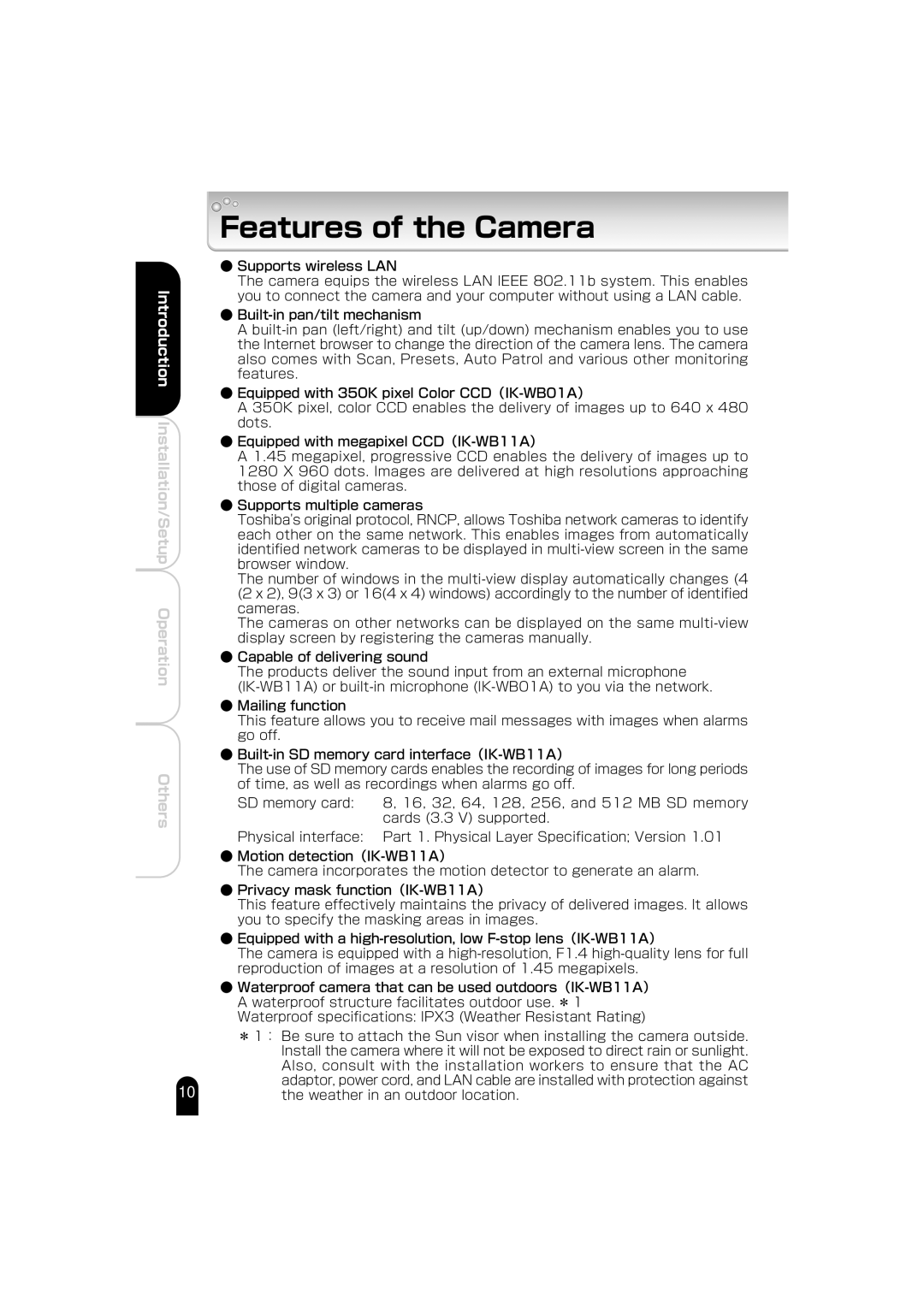 Toshiba IK-WB01A manual Features of the Camera 