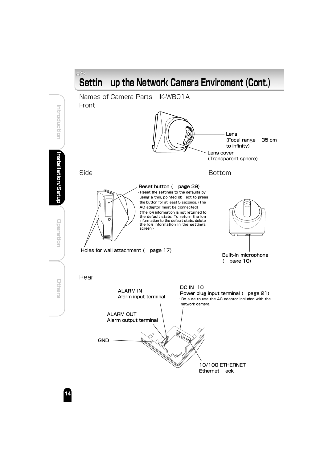 Toshiba manual Names of Camera Parts（IK-WB01A） Front, Side Bottom, Rear 