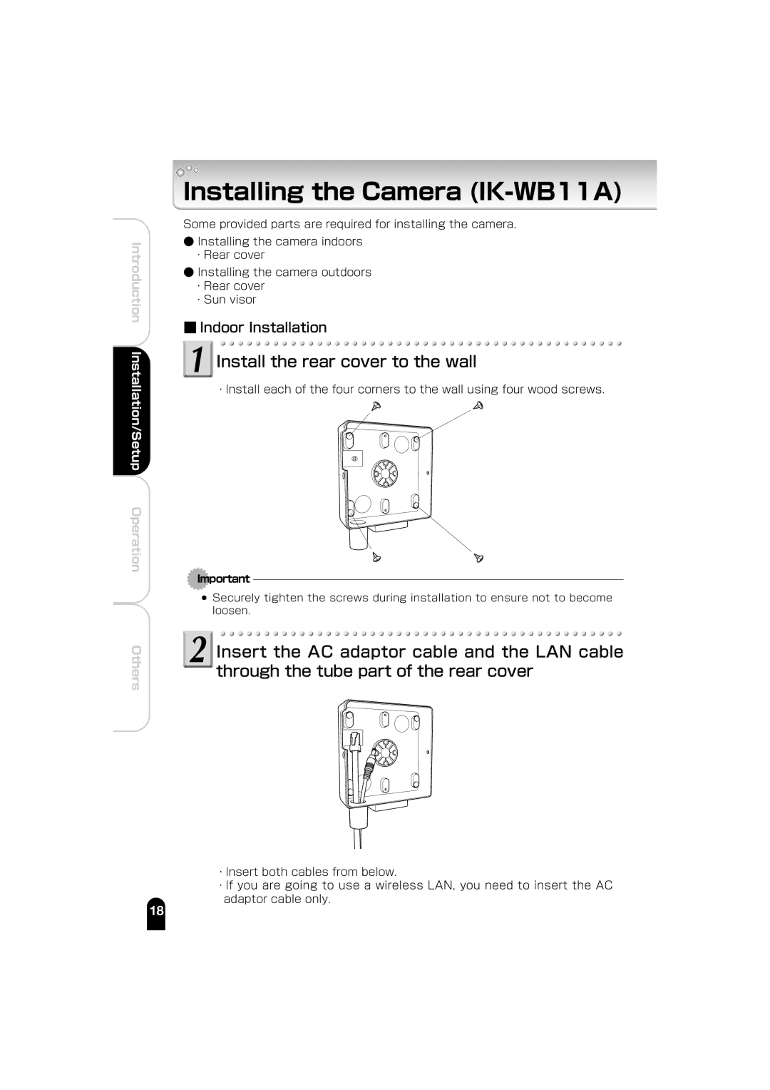 Toshiba IK-WB01A manual Installing the Camera IK-WB11A, Install the rear cover to the wall, Indoor Installation 