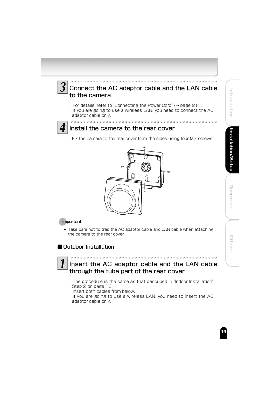 Toshiba IK-WB01A manual Install the camera to the rear cover, Outdoor Installation 