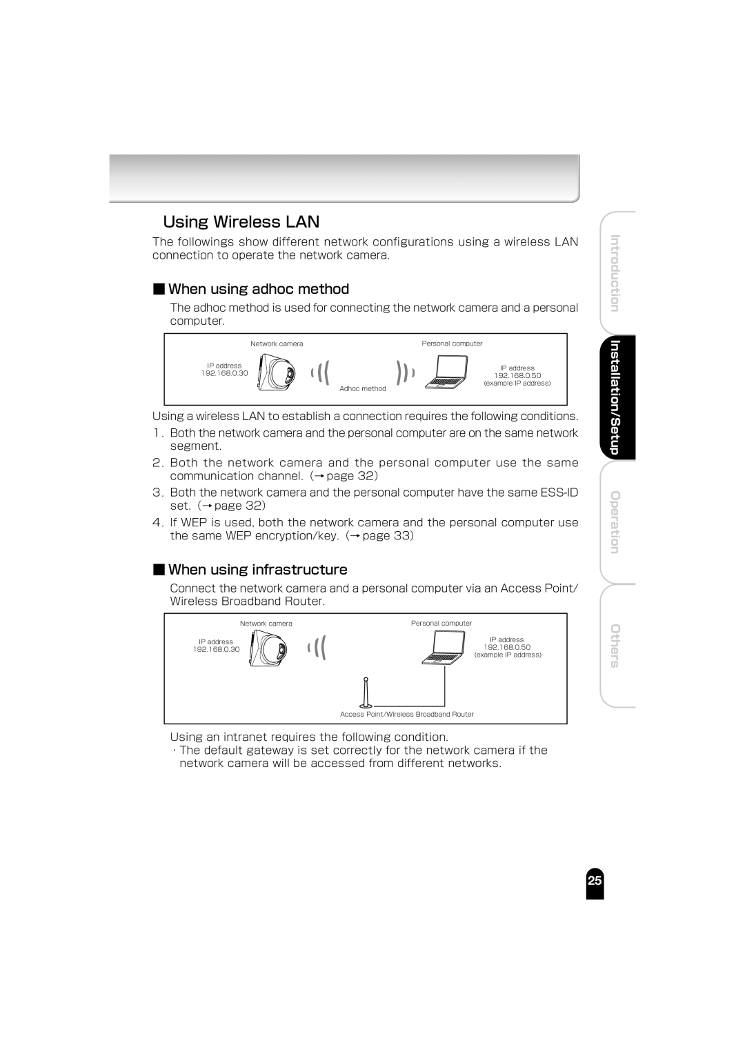 Toshiba IK-WB01A manual Using Wireless LAN, When using adhoc method, When using infrastructure 