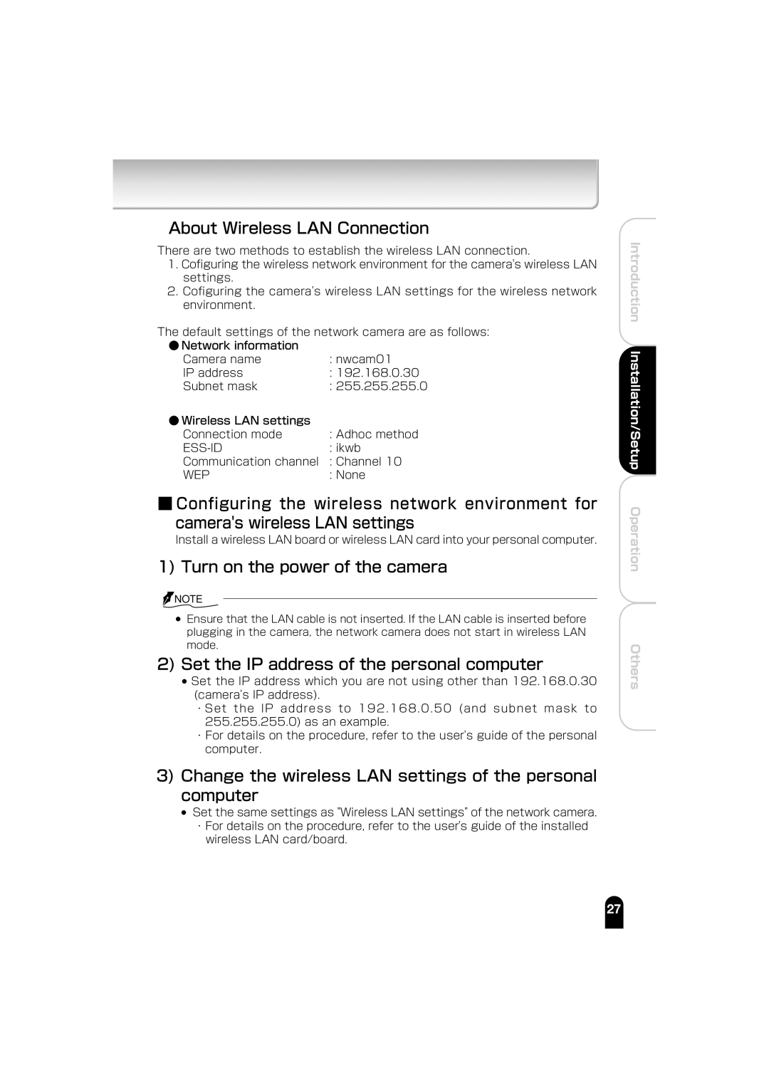 Toshiba IK-WB01A manual About Wireless LAN Connection, Turn on the power of the camera 