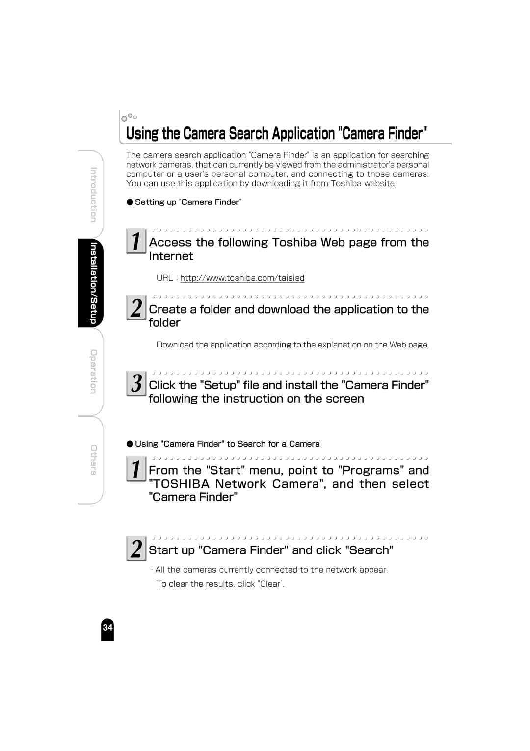 Toshiba IK-WB01A manual Using the Camera Search Application Camera Finder, Using Camera Finder to Search for a Camera 