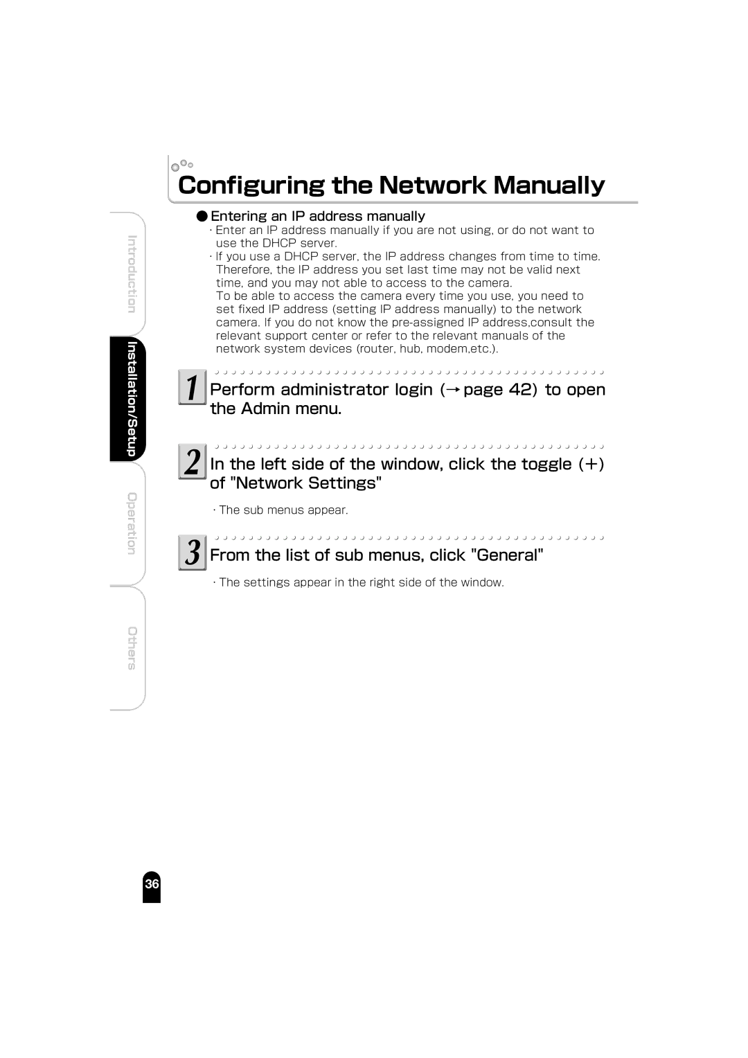 Toshiba IK-WB01A manual Configuring the Network Manually, From the list of sub menus, click General 