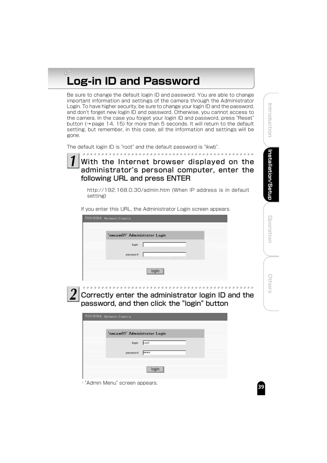 Toshiba IK-WB01A manual Log-in ID and Password, ・Admin Menu screen appears 