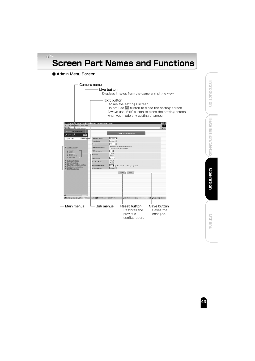 Toshiba IK-WB01A manual Screen Part Names and Functions, Admin Menu Screen 