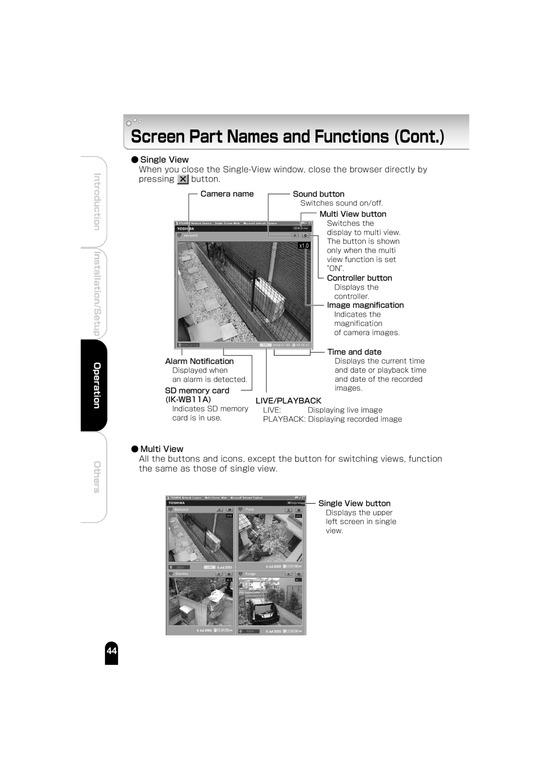 Toshiba IK-WB01A Multi View button, Alarm Notification, SD memory card IK-WB11A Controller button, Image magnification 