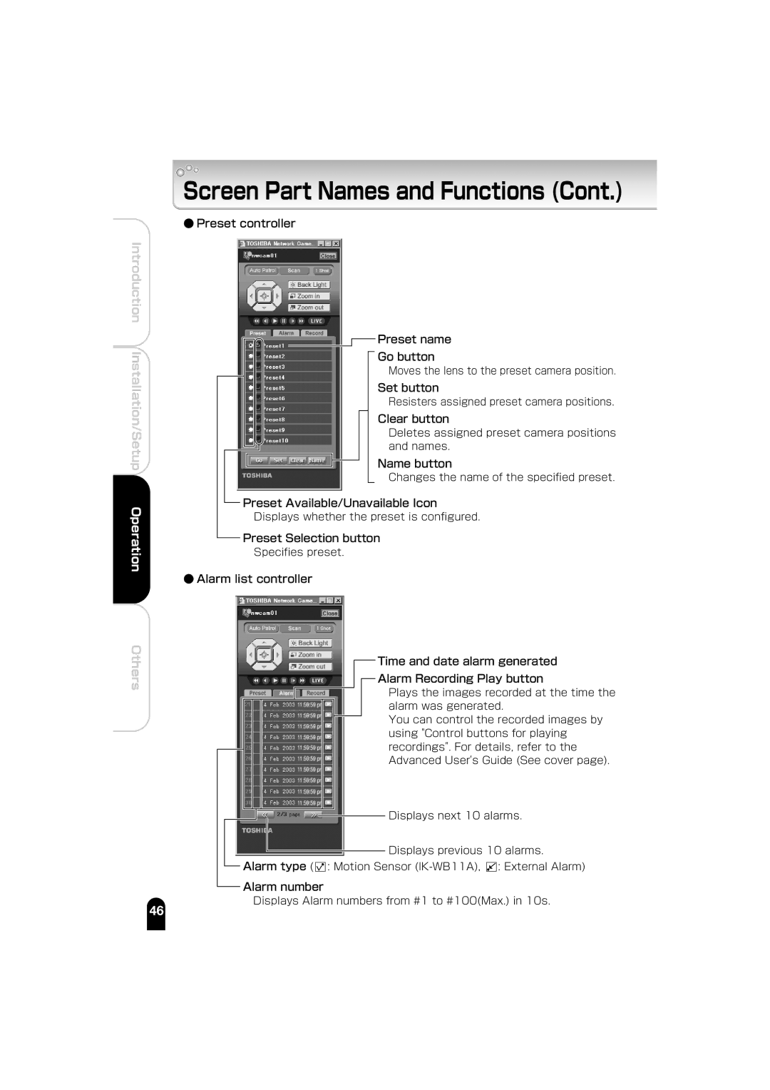 Toshiba IK-WB01A manual Screen Part Names and Functions 