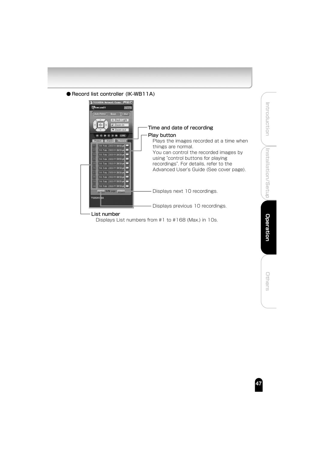 Toshiba IK-WB01A manual Operation 