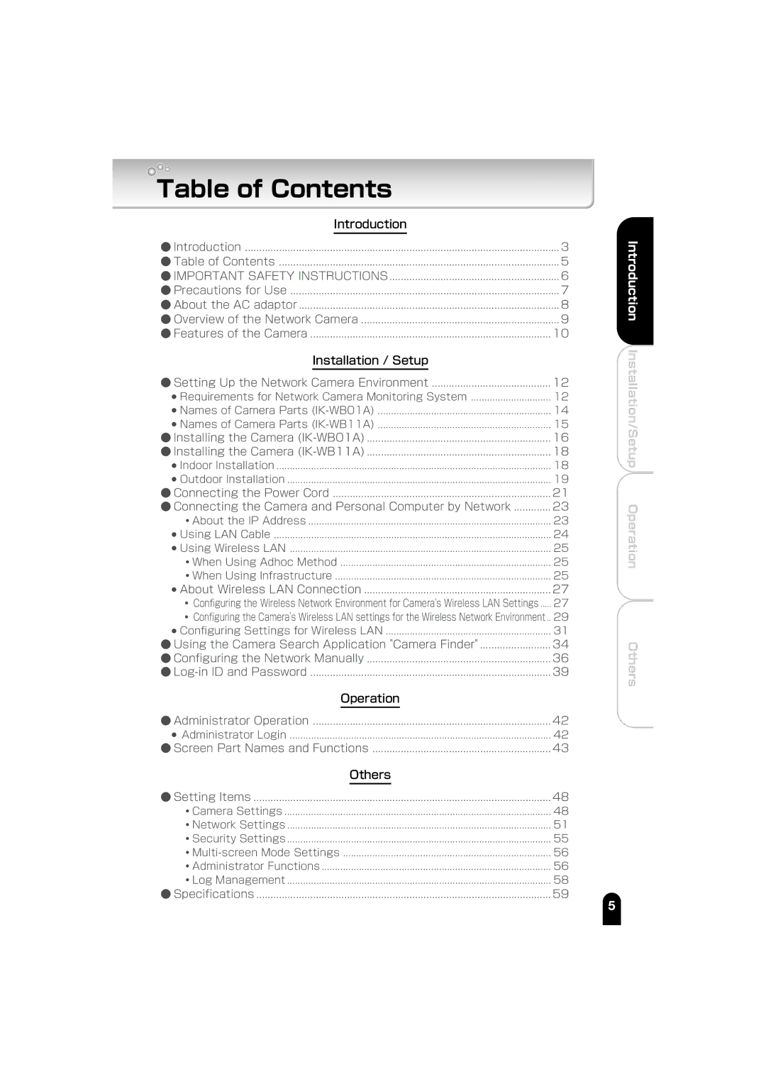 Toshiba IK-WB01A manual Table of Contents 